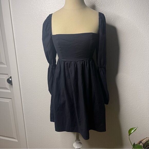 Reformation Size 2 Solid Black Short Mini Dress Long Pouf Sleeve - Picture 1 of 11